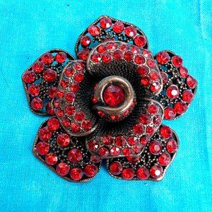 Large Dimensional Siam Red Rhinestone Flower Brooch